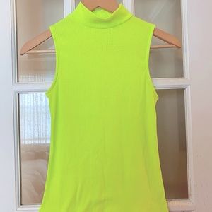 Neon yellow sleeveless mock neck rubbed tank